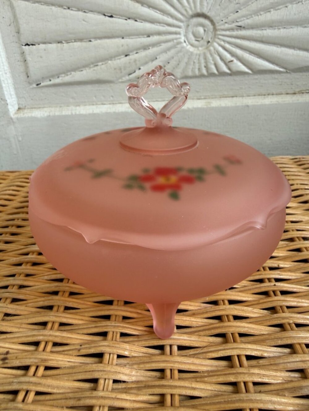 Vintage 50's Pink Satin Glass Footed Candy/trinket/Powder Dish Painted Flowers